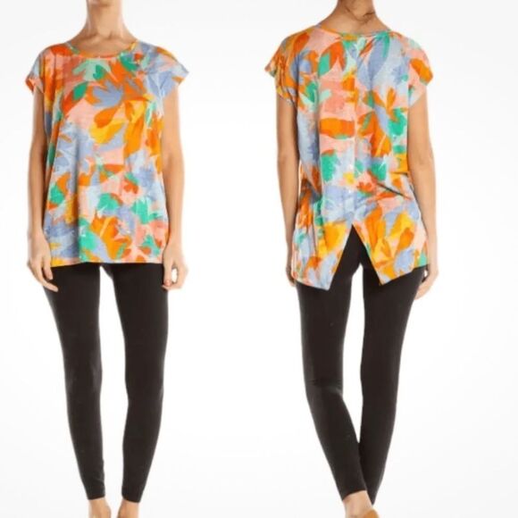 Linen Joie SZ S Peachy Tropical Print Breezy Top Button Down Back Oversized - Picture 2 of 11